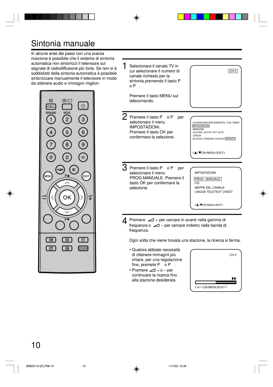 Toshiba 55M21D Sintonia manuale, PROG.MANUALE. Premere il 