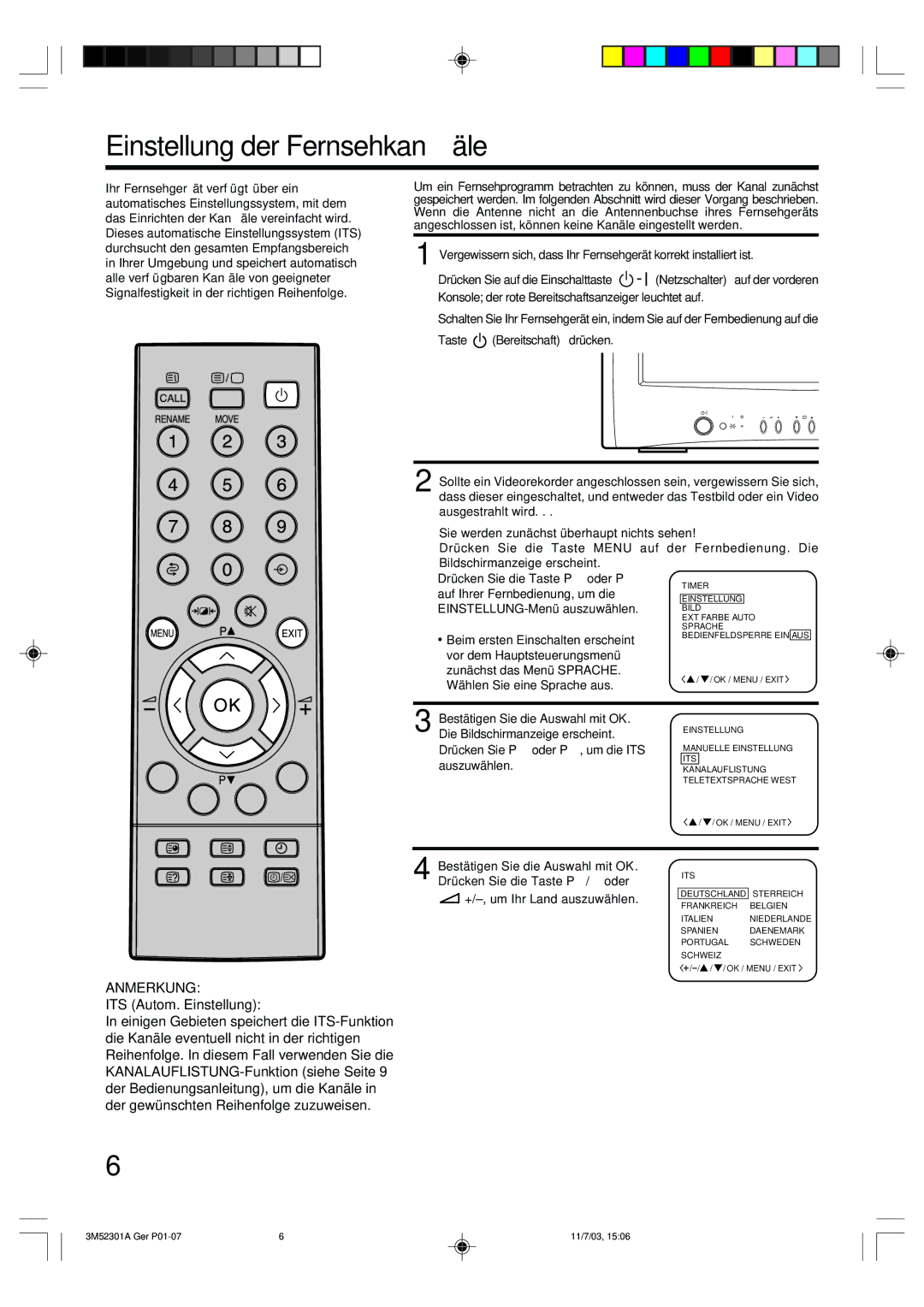 Toshiba 55M21D manual Einstellung der Fernsehkanäle, Anmerkung, ITS Autom. Einstellung 