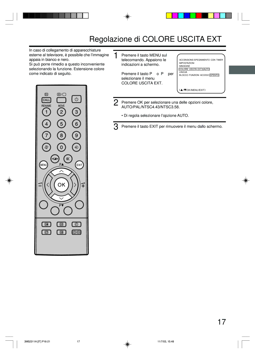 Toshiba 55M21D manual Regolazione di Colore Uscita EXT 