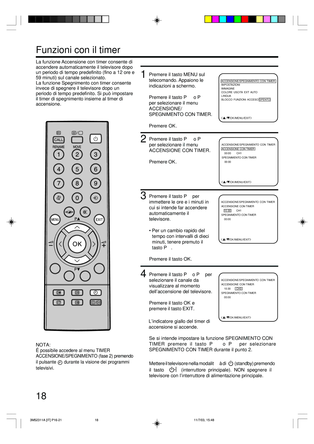 Toshiba 55M21D manual Funzioni con il timer, ACCENSIONE/ Spegnimento CON Timer, Accensione CON Timer 