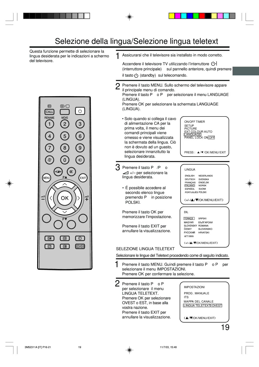 Toshiba 55M21D Selezione della lingua/Selezione lingua teletext, Lingua desiderata, Polski, Selezione Lingua Teletext 