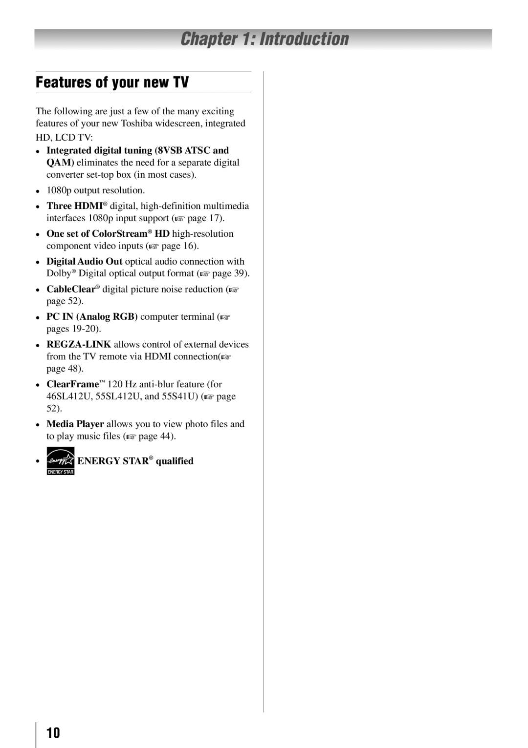 Toshiba 46SL412U, 55SL412U, 55S41U, 40SL412U owner manual Introduction, Features of your new TV, 1080p output resolution 