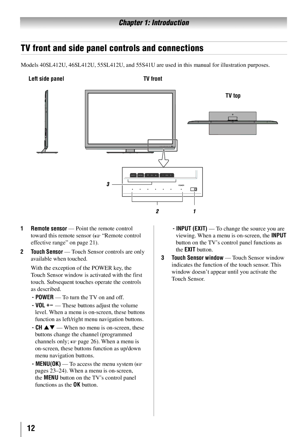 Toshiba 55SL412U, 55S41U, 46SL412U, 40SL412U TV front and side panel controls and connections, Left side panel, TV top 