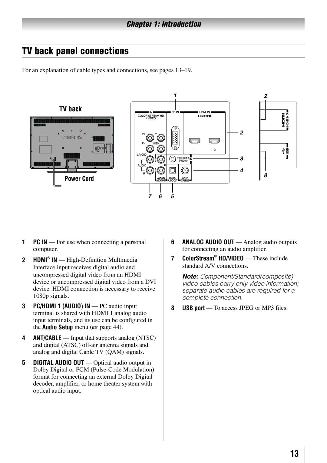 Toshiba 55S41U, 55SL412U, 46SL412U, 40SL412U owner manual TV back panel connections, Power Cord 