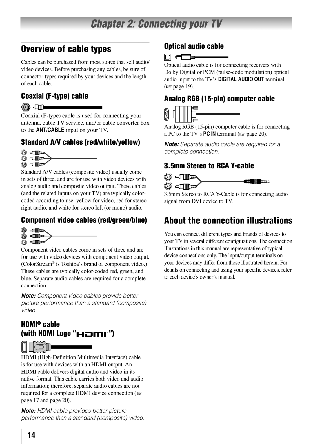 Toshiba 46SL412U, 55SL412U, 55S41U, 40SL412U Connecting your TV, Overview of cable types, About the connection illustrations 