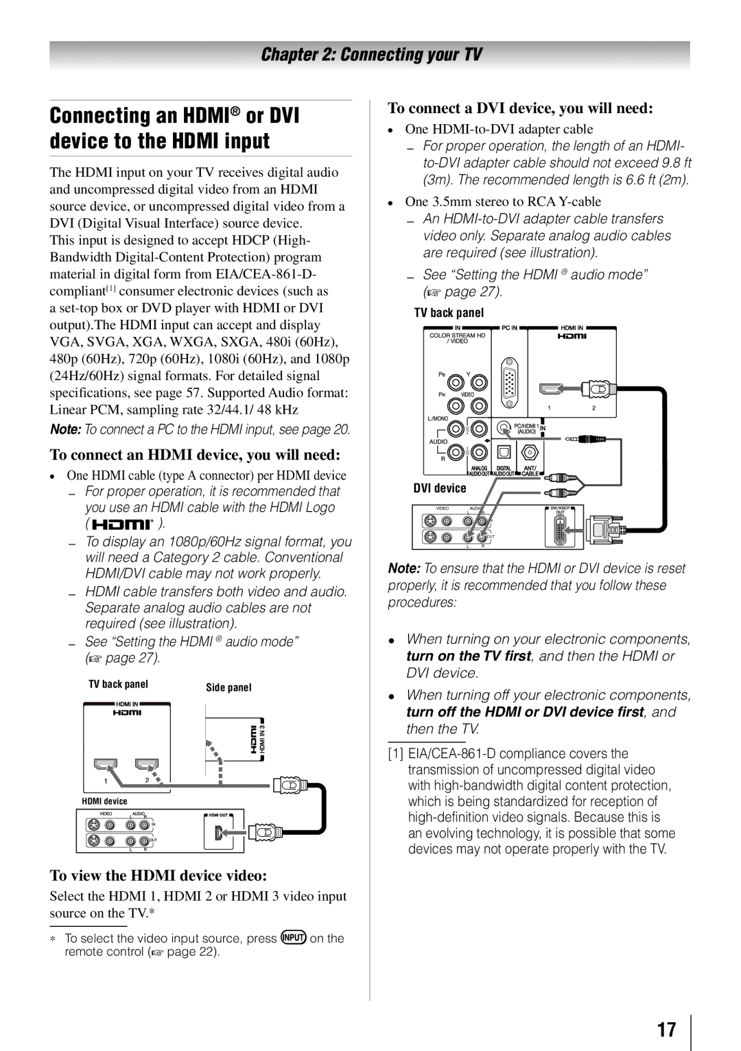 Toshiba 55S41U To connect an Hdmi device, you will need, To view the Hdmi device video, One HDMI-to-DVI adapter cable 