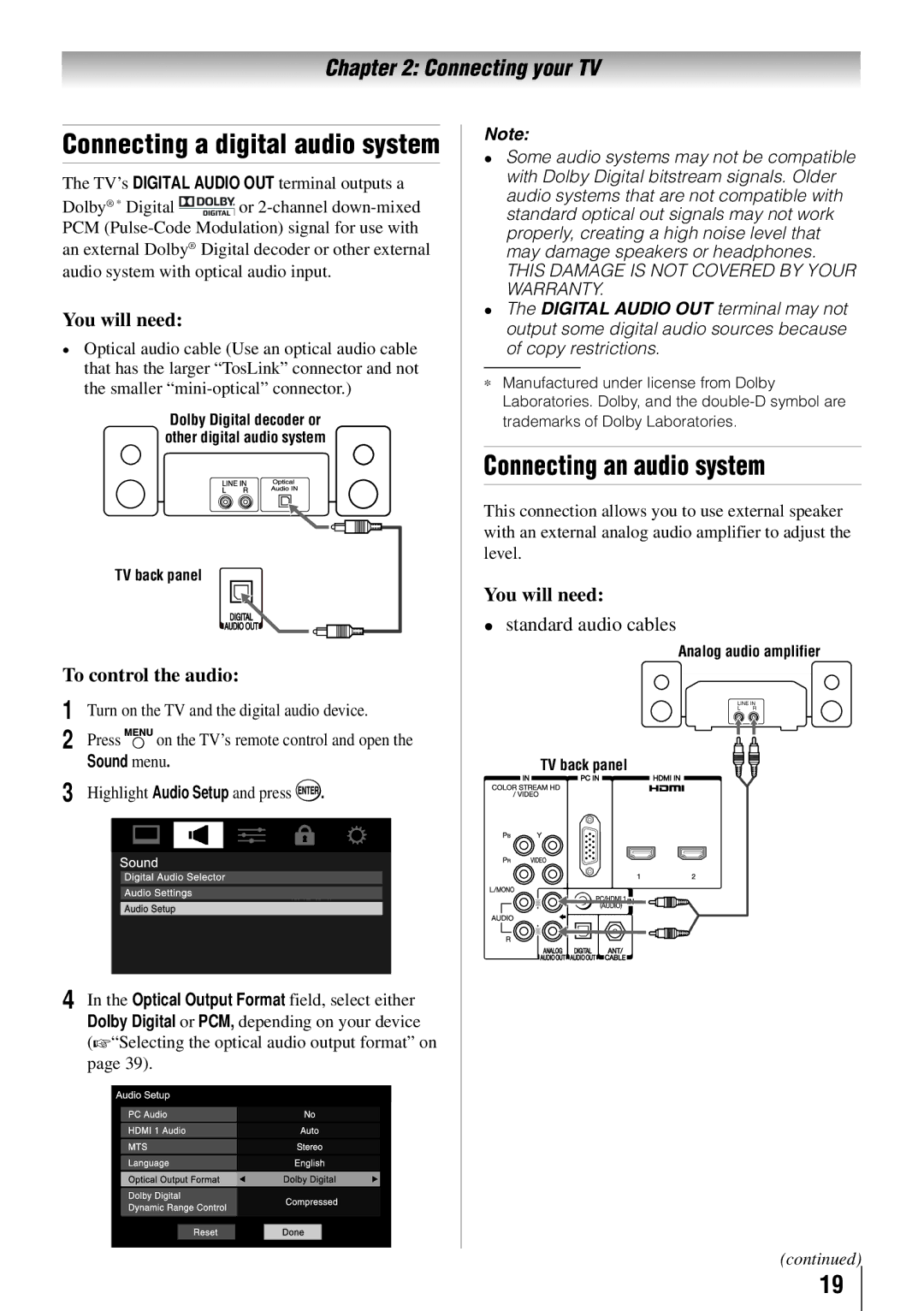 Toshiba 40SL412U, 55SL412U Connecting an audio system, Connecting a digital audio system, To control the audio, Sound menu 