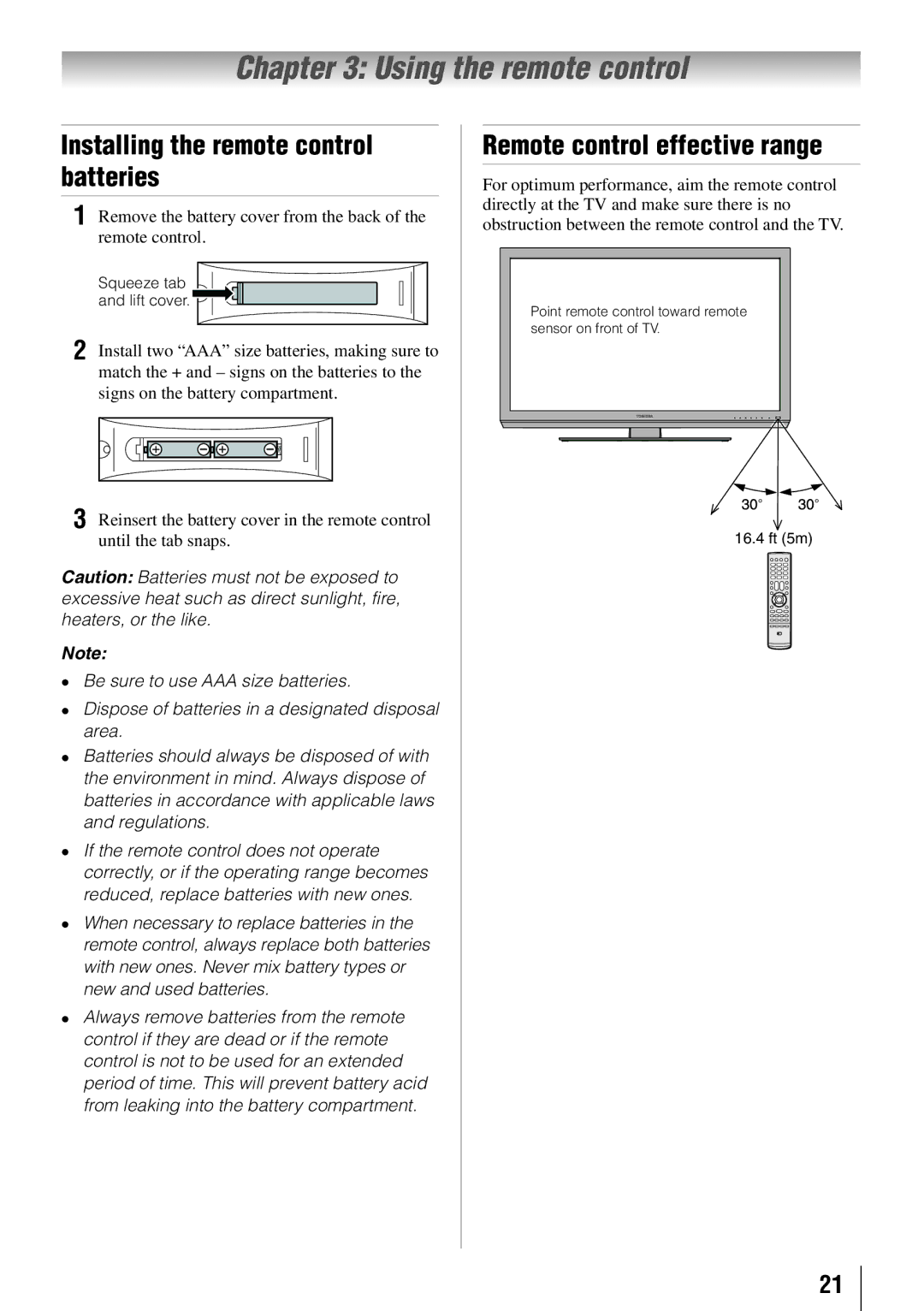 Toshiba 55S41U, 55SL412U Using the remote control, Installing the remote control batteries, Remote control effective range 