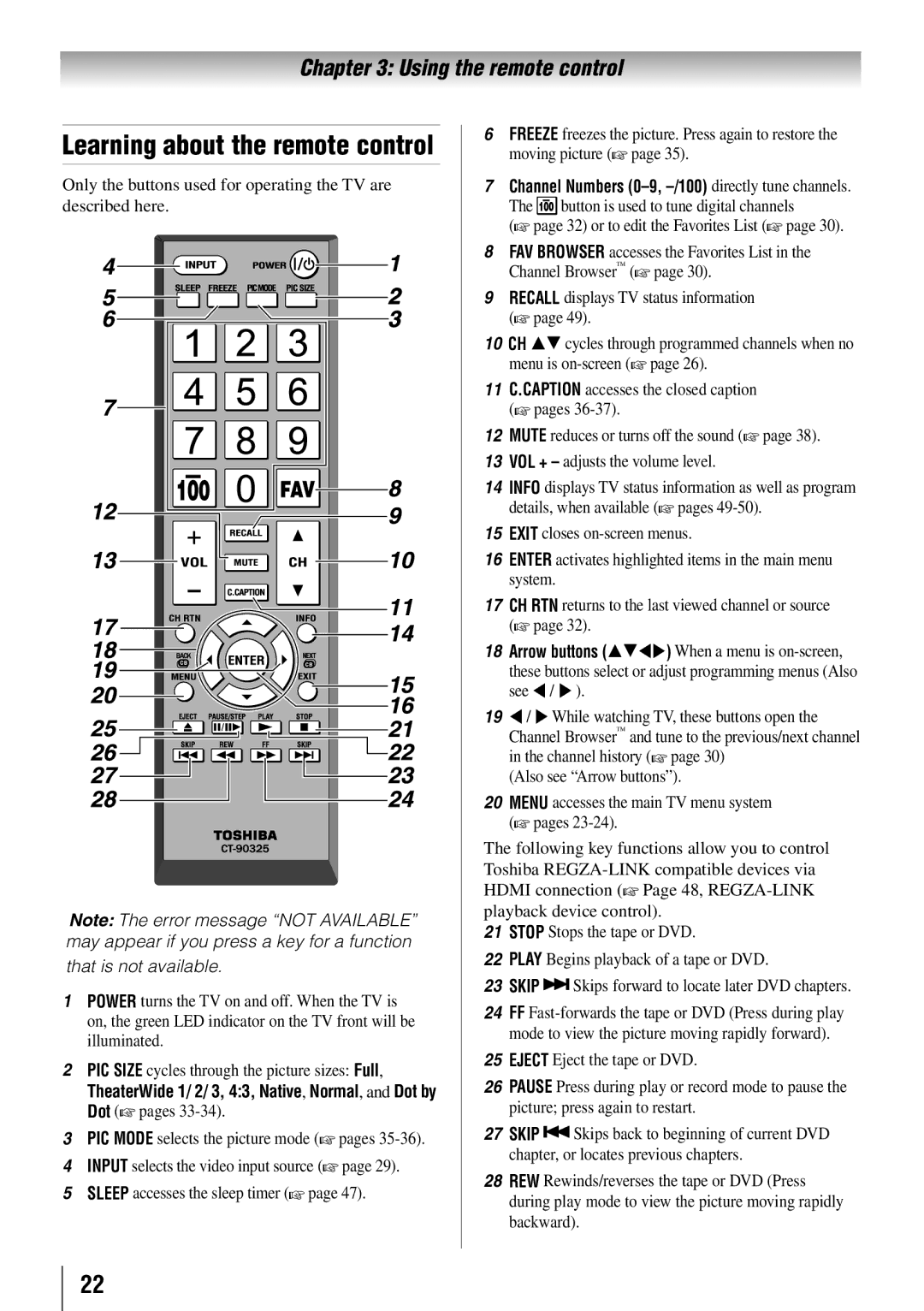 Toshiba 46SL412U, 55SL412U, 55S41U, 40SL412U Learning about the remote control, 9無 Recall displays TV status information  