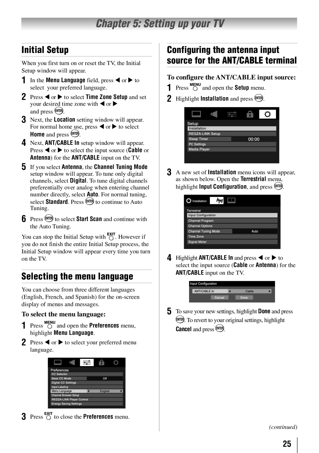 Toshiba 55S41U, 55SL412U Setting up your TV, Initial Setup, Selecting the menu language, To select the menu language 