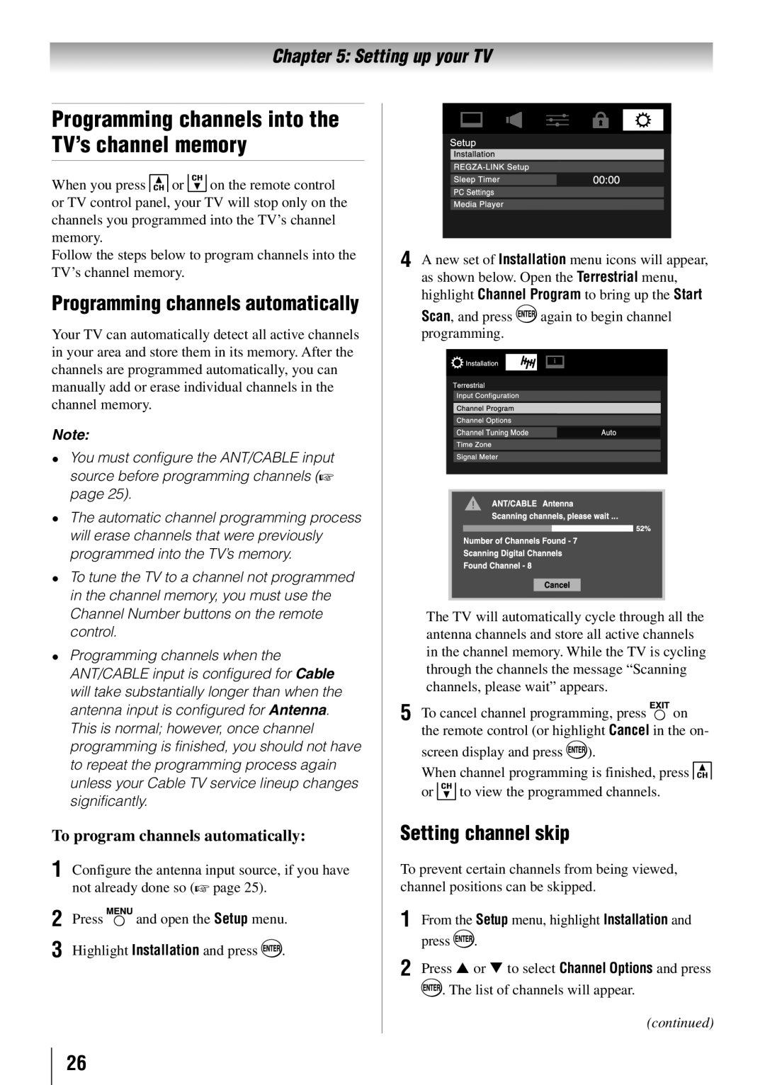 Toshiba 46SL412U, 55SL412U, 55S41U, 40SL412U Programming channels into the TV’s channel memory, Setting channel skip 