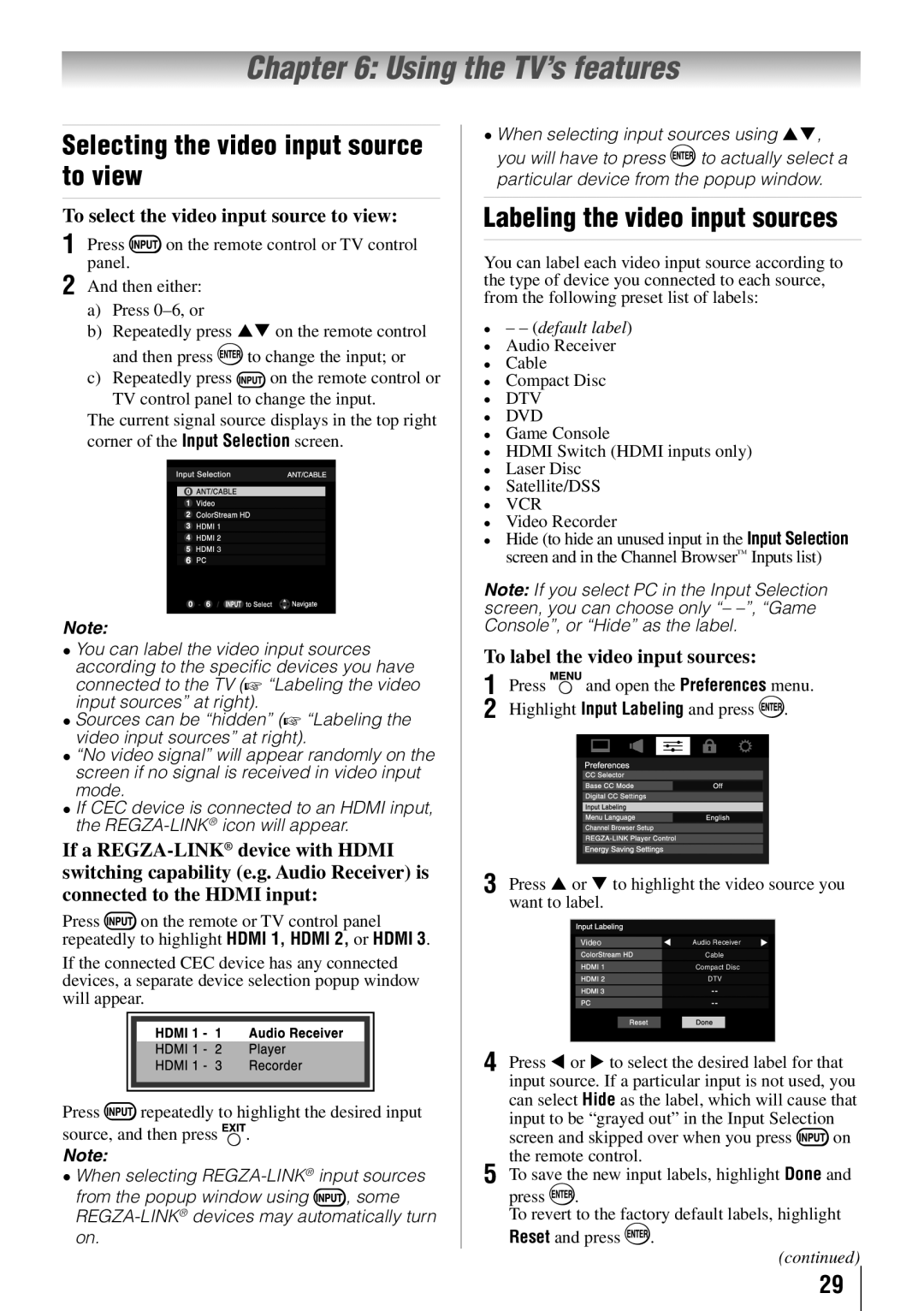 Toshiba 55S41U Using the TV’s features, Selecting the video input source to view, Labeling the video input sources 