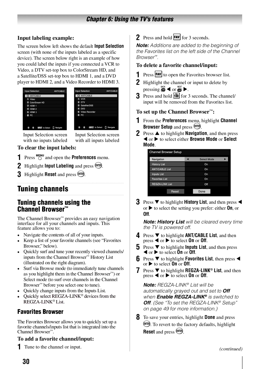 Toshiba 46SL412U, 55SL412U, 55S41U, 40SL412U owner manual Tuning channels using Channel Browser, Favorites Browser 