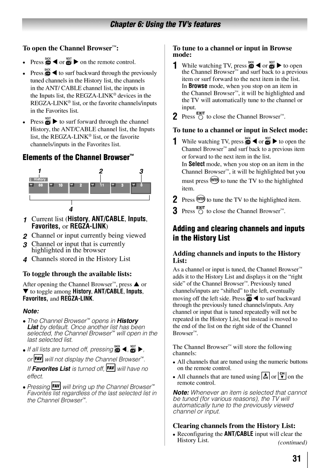 Toshiba 40SL412U, 55SL412U Elements of the Channel Browser, Adding and clearing channels and inputs in the History List 