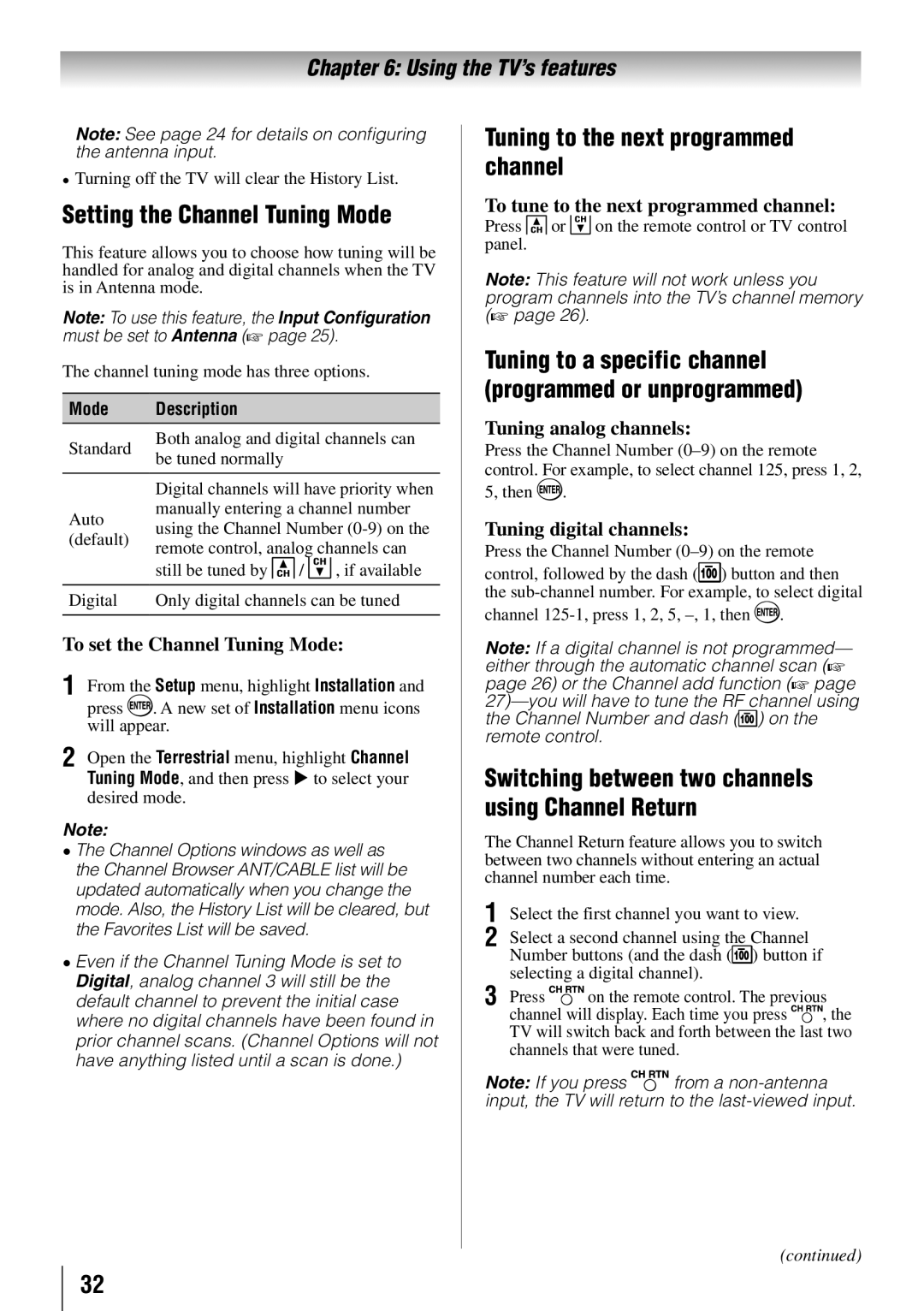 Toshiba 55SL412U, 55S41U, 46SL412U, 40SL412U Setting the Channel Tuning Mode, Tuning to the next programmed channel 