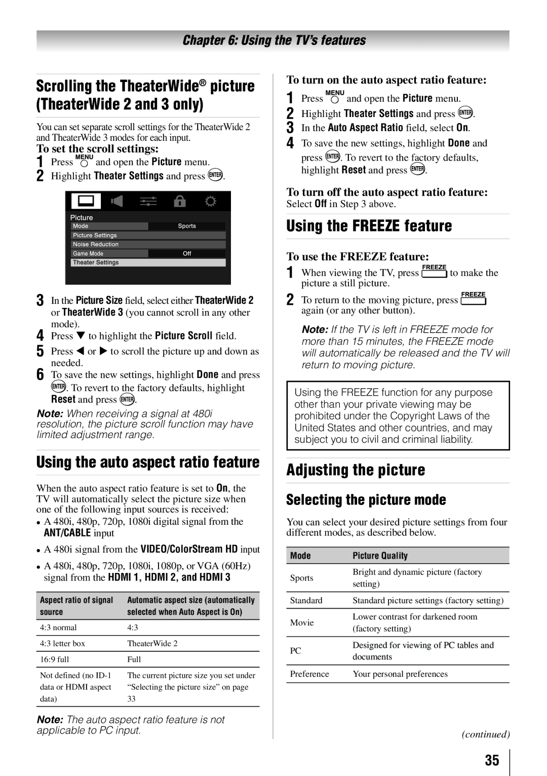 Toshiba 40SL412U, 55SL412U, 55S41U Using the Freeze feature, Adjusting the picture, Using the auto aspect ratio feature 