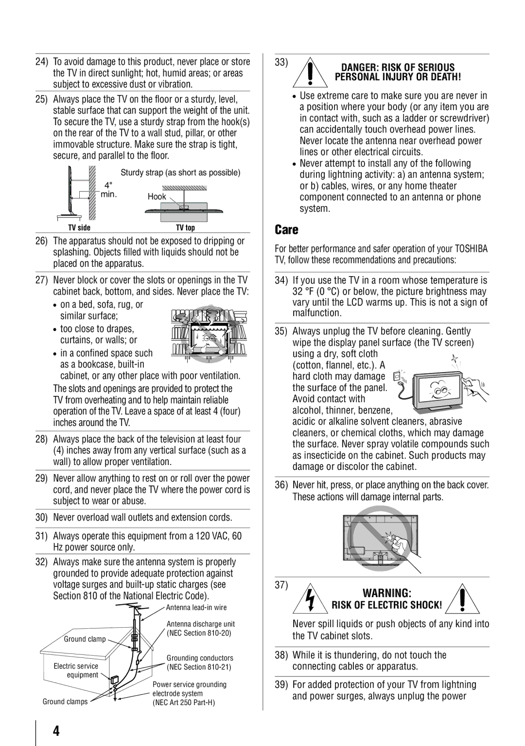 Toshiba 55SL412U, 55S41U, 46SL412U, 40SL412U owner manual Care, Risk of Electric Shock 