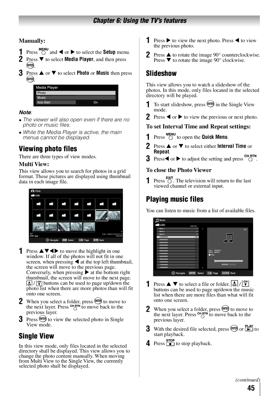 Toshiba 55S41U, 55SL412U, 46SL412U, 40SL412U owner manual Viewing photo files, Single View, Slideshow, Playing music files 