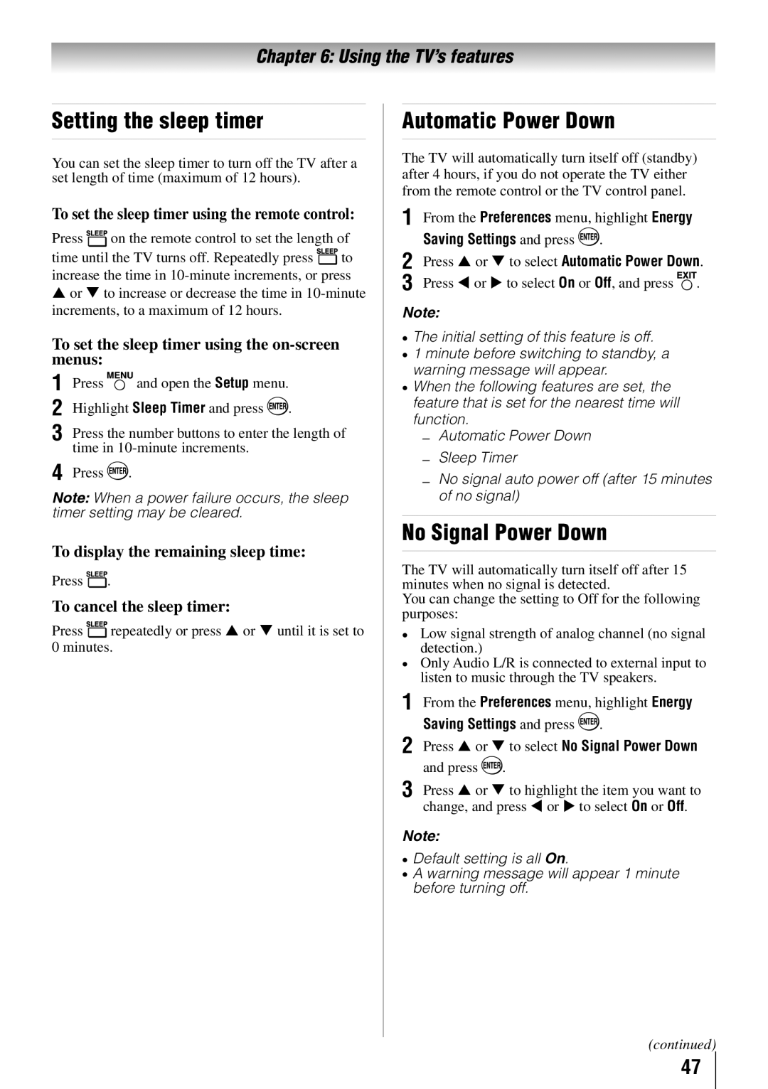 Toshiba 40SL412U, 55SL412U, 55S41U, 46SL412U owner manual Setting the sleep timer, Automatic Power Down, No Signal Power Down 