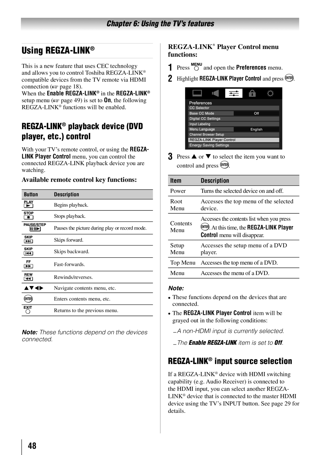 Toshiba 55SL412U Using REGZA-LINK, REGZA-LINKplayback device DVD player, etc. control, REGZA-LINKinput source selection 