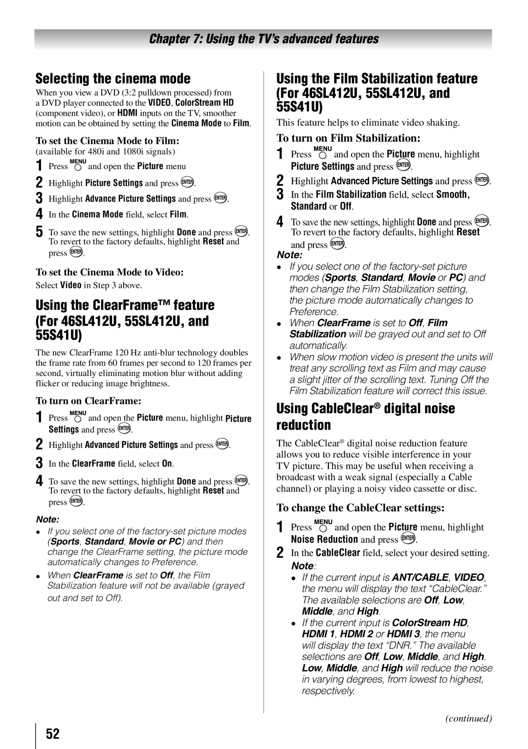 Toshiba 55SL412U Selecting the cinema mode, Using CableClear digital noise reduction, To turn on Film Stabilization 