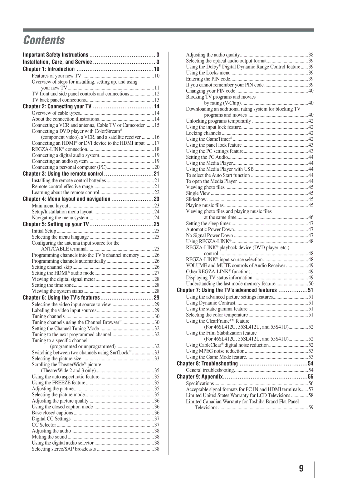 Toshiba 55S41U, 55SL412U, 46SL412U, 40SL412U owner manual Contents 