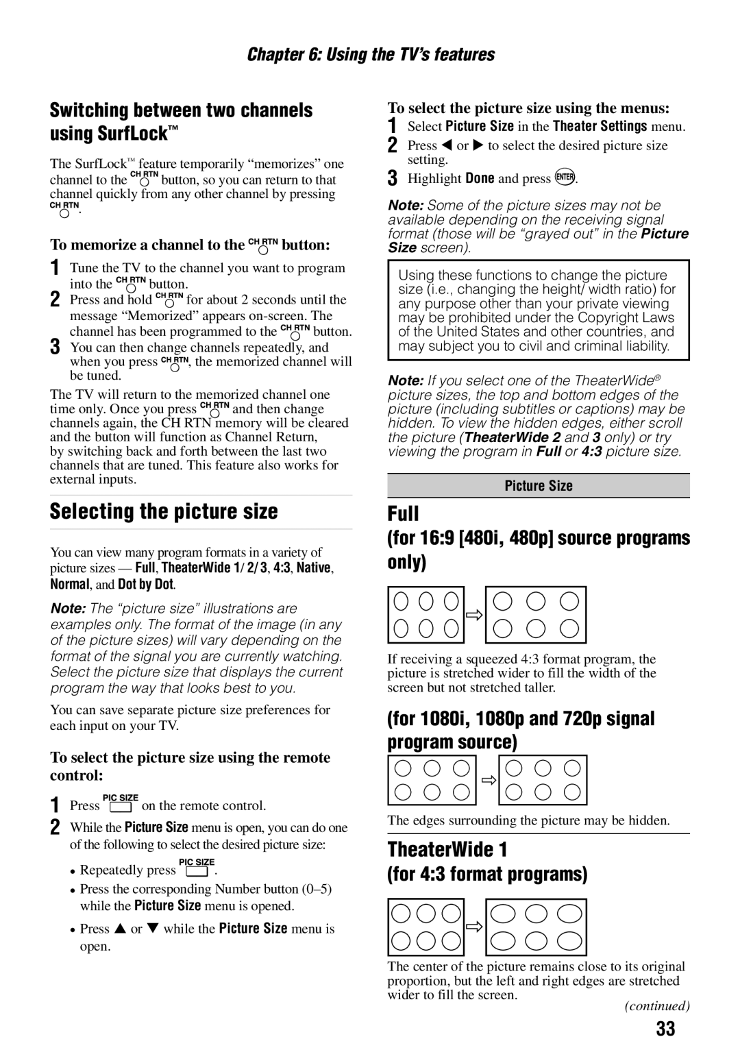 Toshiba 55SL417U, 55SL412U, 46SL412U, 40SL412U Selecting the picture size, Switching between two channels using SurfLock 