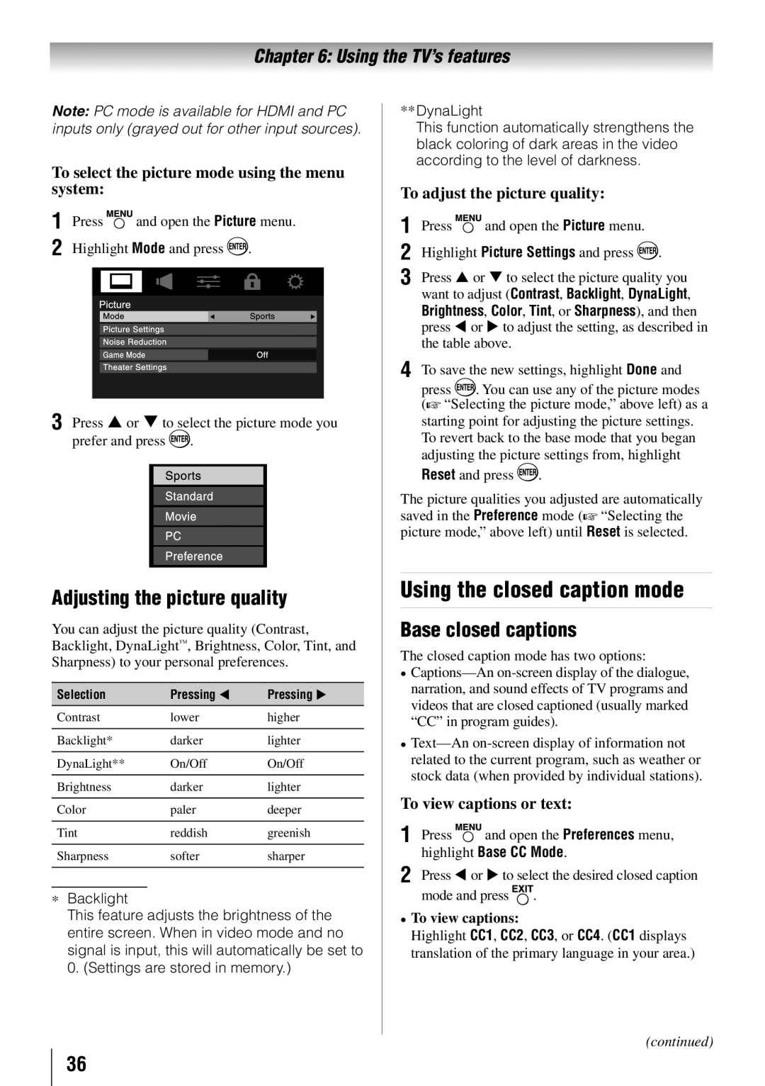 Toshiba 55SL412U, 55SL417U, 46SL412U Using the closed caption mode, Adjusting the picture quality, Base closed captions 