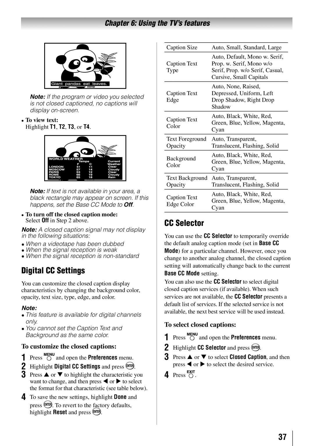 Toshiba 55SL417U, 55SL412U Digital CC Settings, CC Selector, To customize the closed captions, To select closed captions 