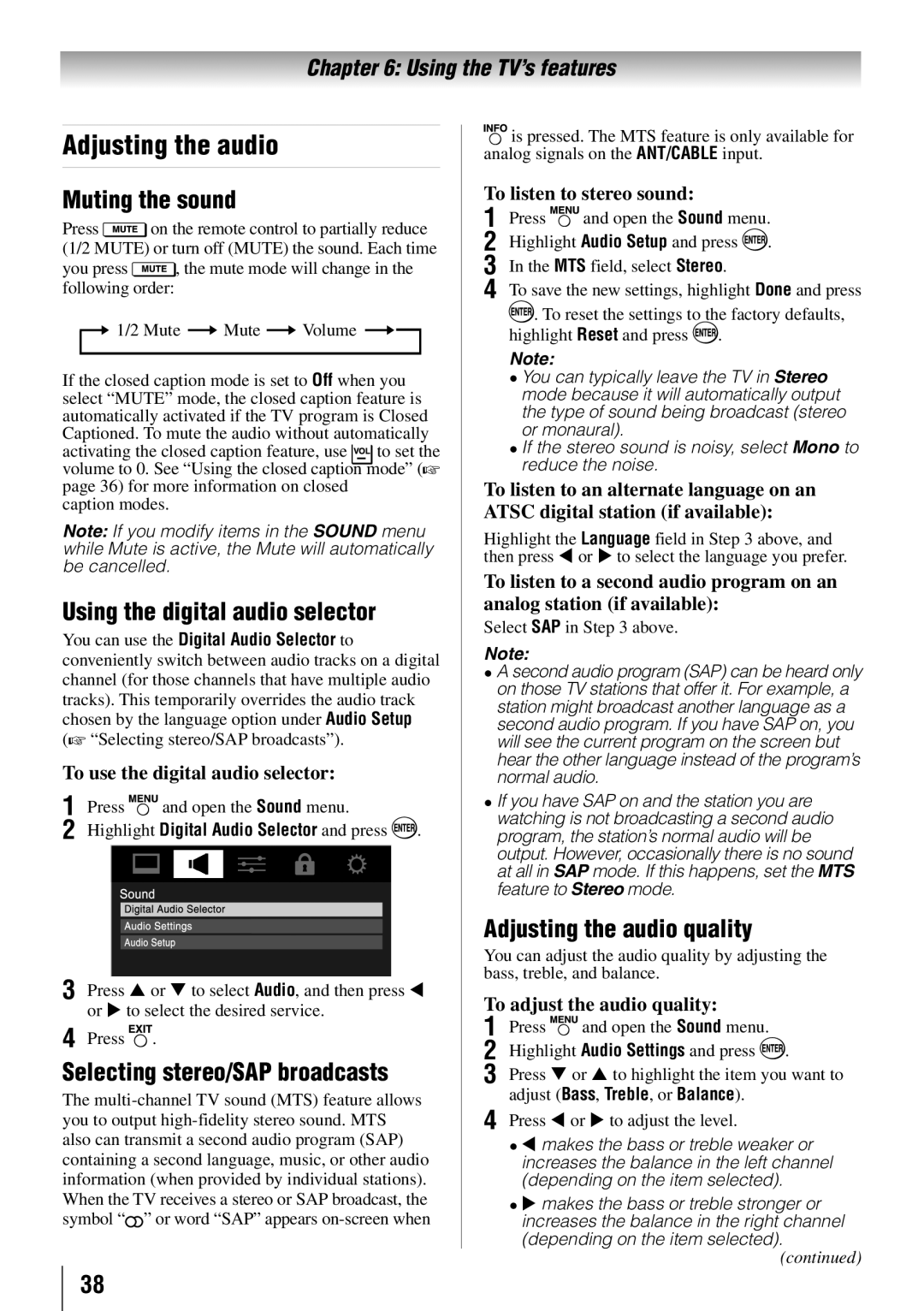 Toshiba 46SL412U Adjusting the audio, Muting the sound, Using the digital audio selector, Selecting stereo/SAP broadcasts 