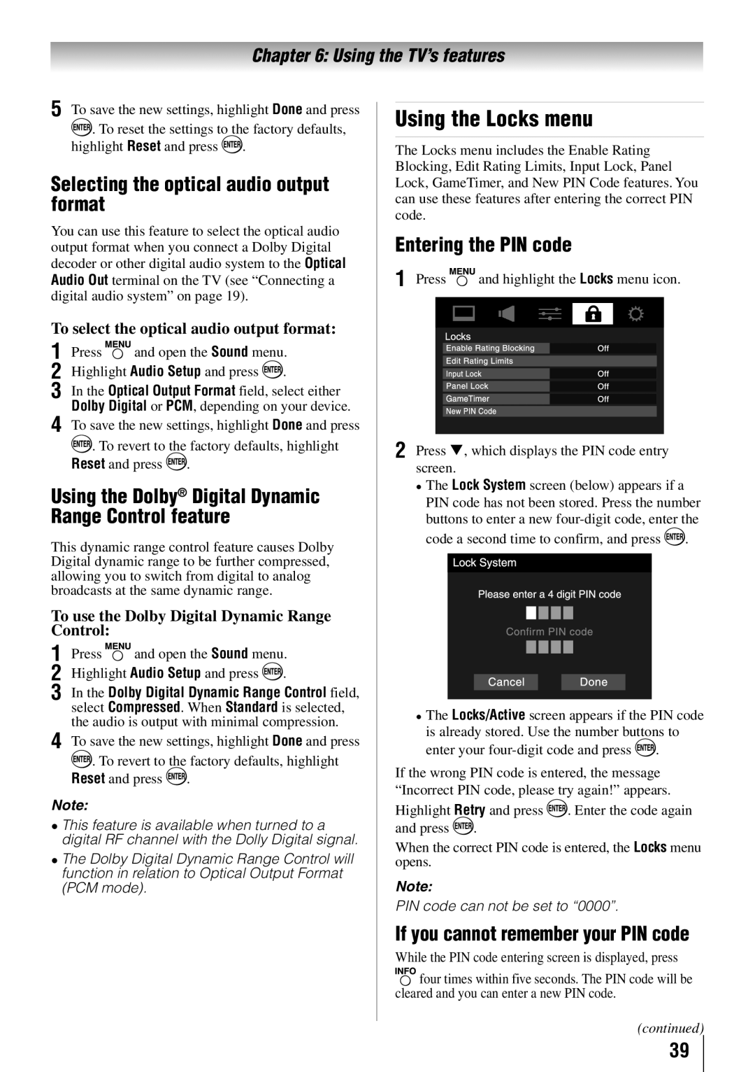 Toshiba 40SL412U, 55SL412U, 55SL417U Using the Locks menu, Selecting the optical audio output format, Entering the PIN code 