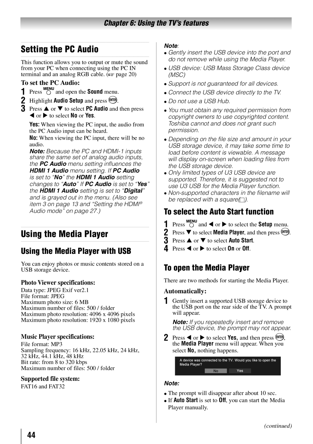 Toshiba 55SL412U, 55SL417U Setting the PC Audio, Using the Media Player with USB, To select the Auto Start function 