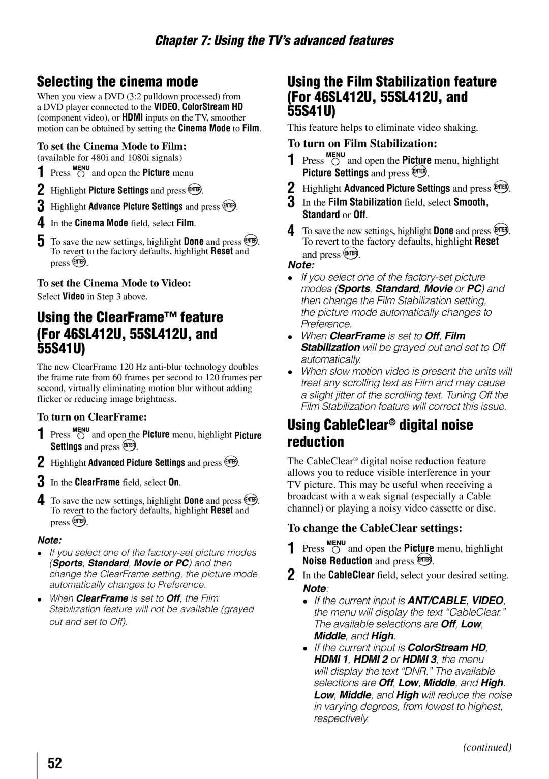 Toshiba 55SL412U Selecting the cinema mode, Using CableClear digital noise reduction, To turn on Film Stabilization 