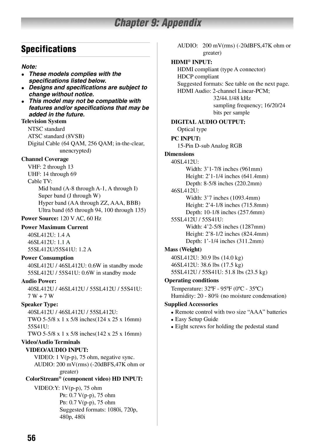 Toshiba 55SL412U, 55SL417U, 46SL412U, 40SL412U owner manual Appendix, Specifications 