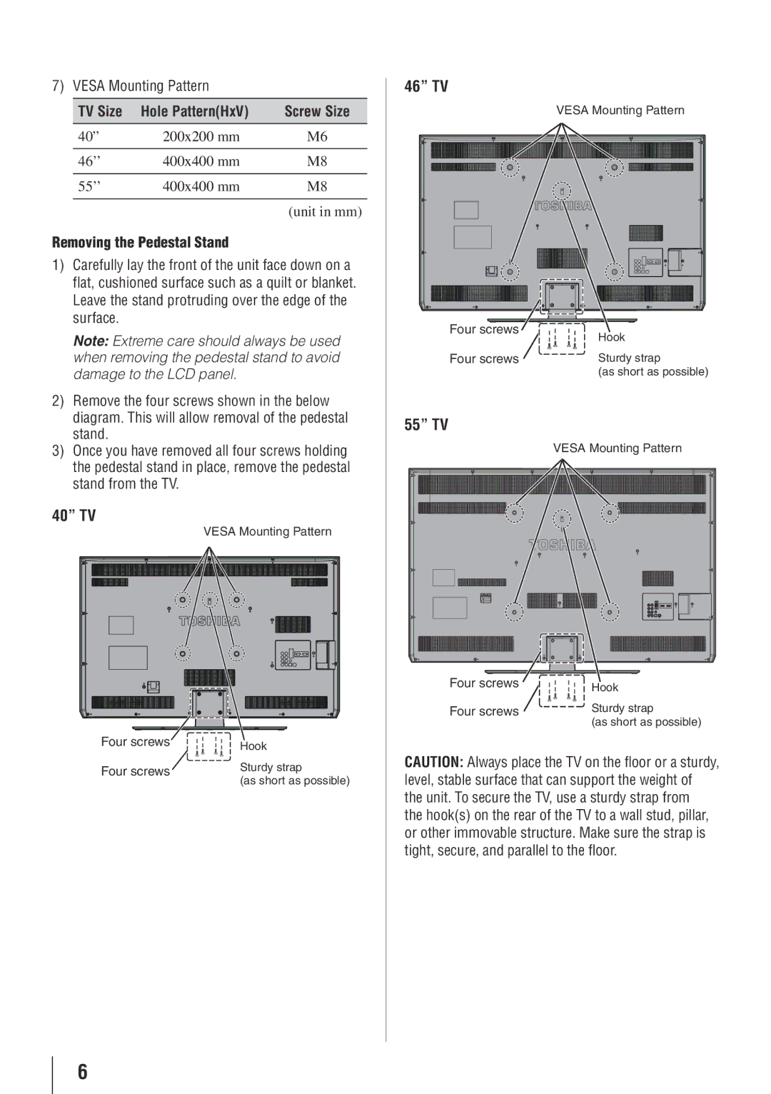 Toshiba 46SL412U, 55SL412U, 55SL417U, 40SL412U TV Size Hole PatternHxV, Removing the Pedestal Stand, 40 TV, 46 TV, 55 TV 