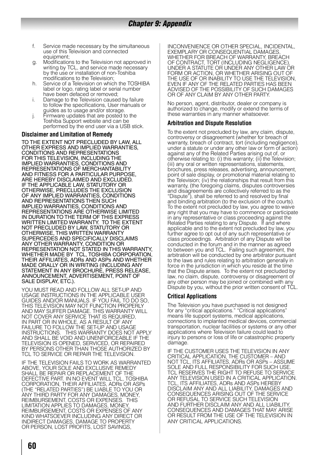 Toshiba 55SL412U, 55SL417U Disclaimer and Limitation of Remedy, Arbitration and Dispute Resolution, Critical Applications 