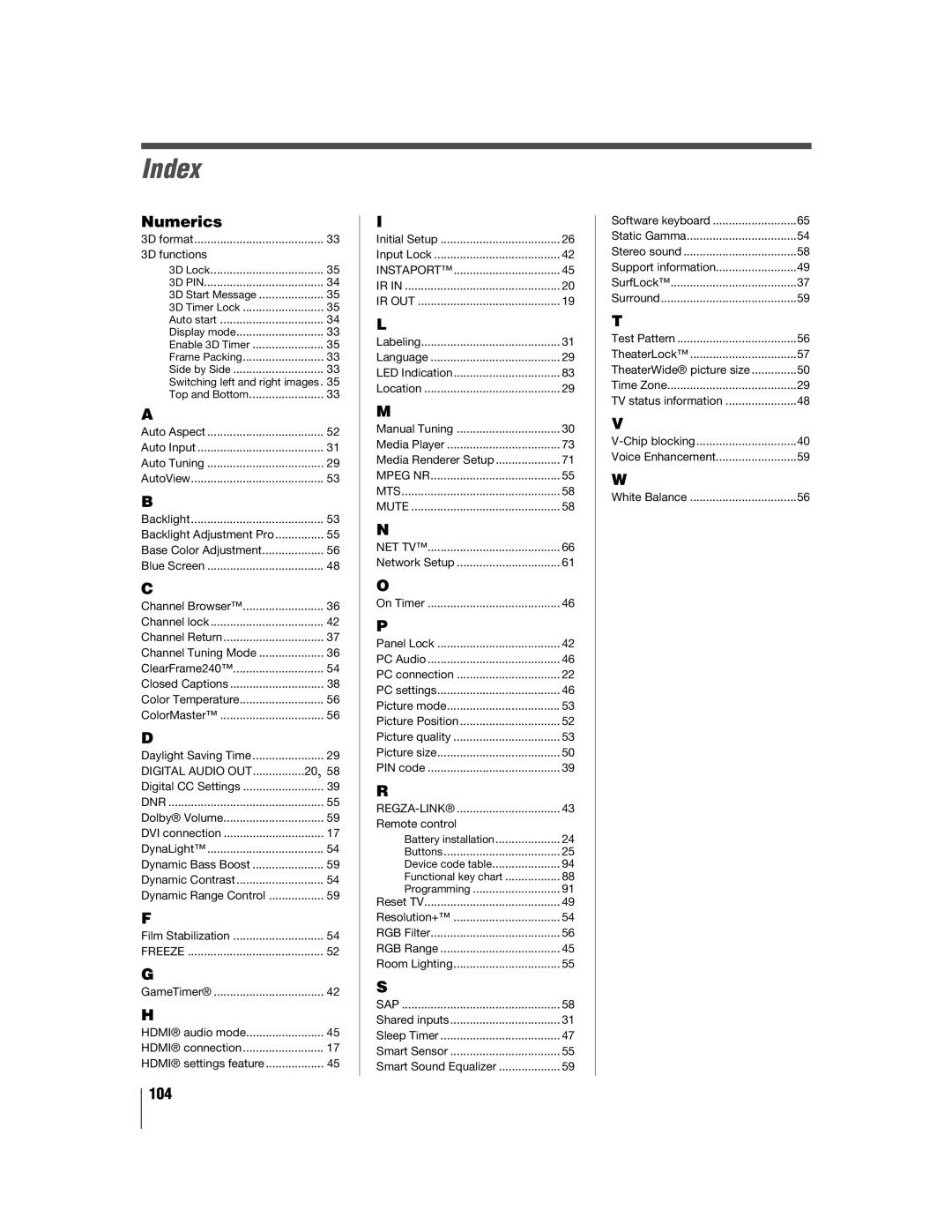 Toshiba 55WX800U, 46WX800U manual Index, 104 