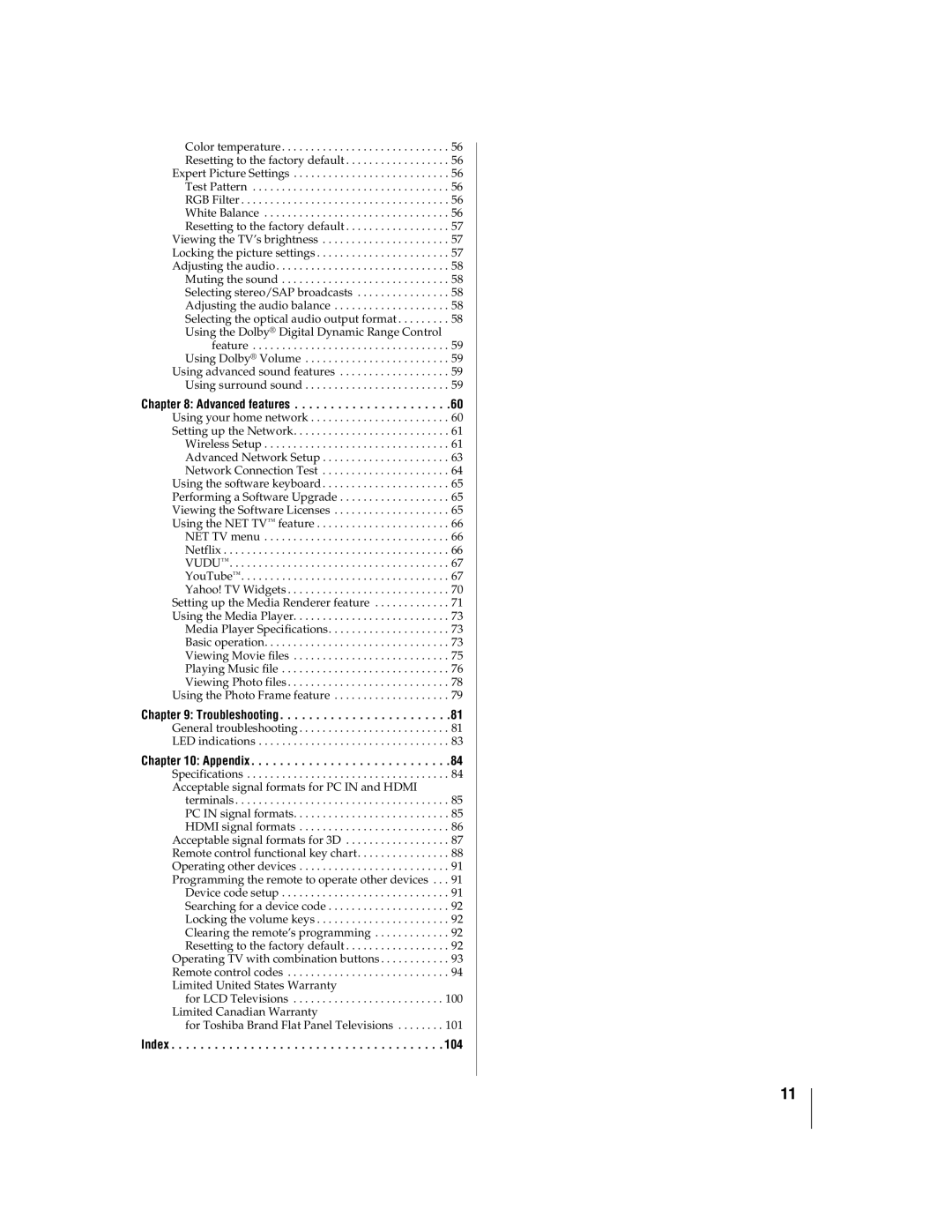 Toshiba 55WX800U, 46WX800U manual Advanced features, Troubleshooting, Appendix, Index 