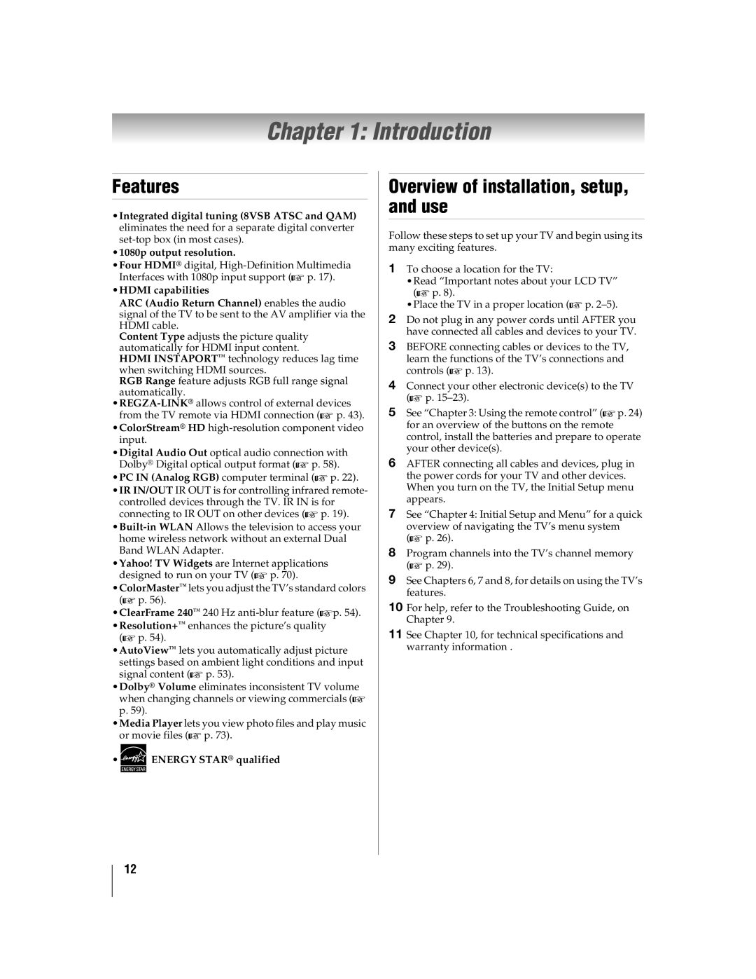 Toshiba 46WX800U, 55WX800U manual Introduction, Features, Overview of installation, setup, and use, Energy Star qualified 