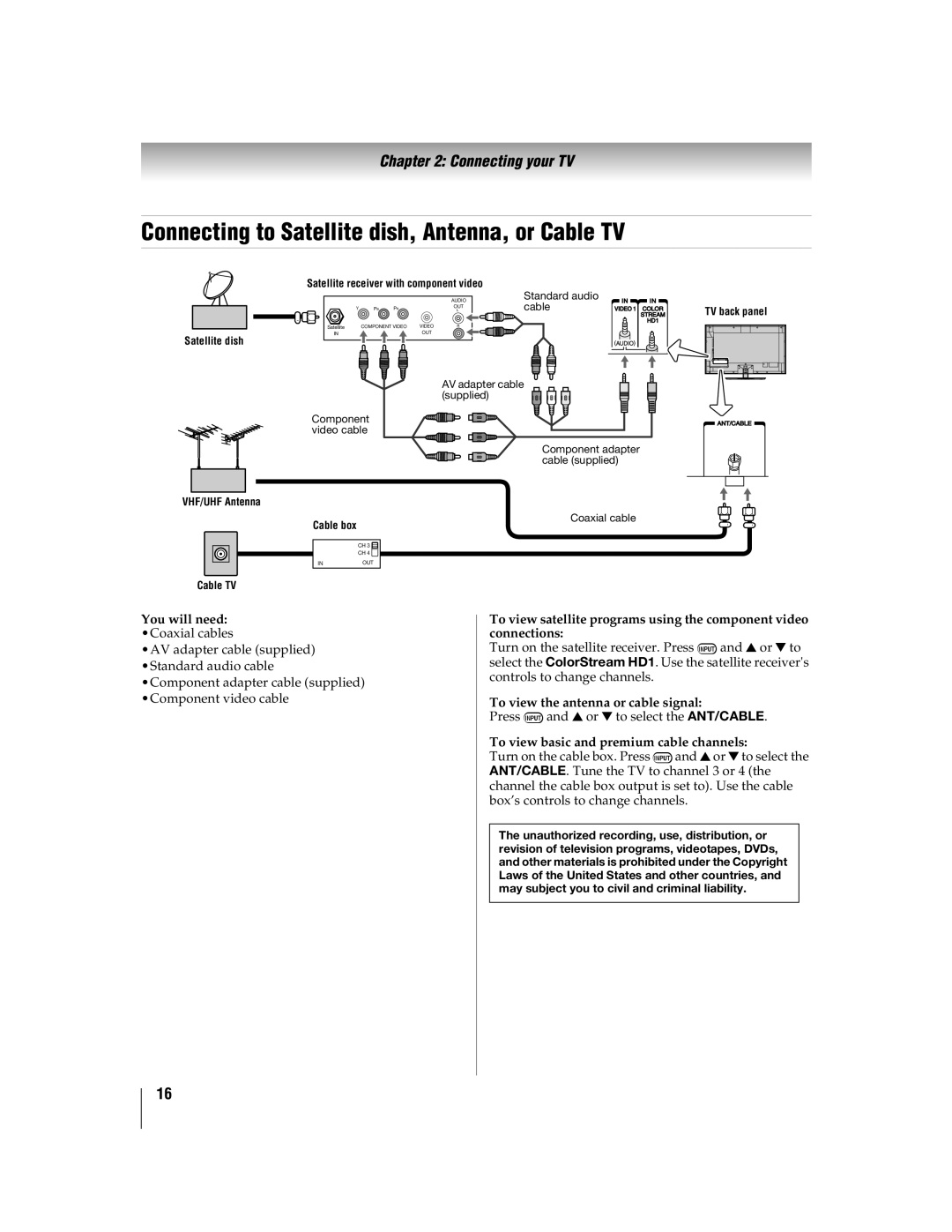 Toshiba 55WX800U, 46WX800U manual Connecting to Satellite dish, Antenna, or Cable TV, You will need Coaxial cables 