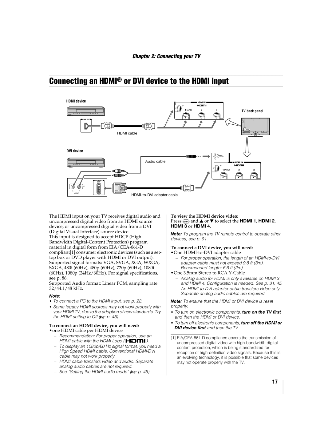 Toshiba 46WX800U, 55WX800 Connecting an Hdmi or DVI device to the Hdmi input, To connect an Hdmi device, you will need 