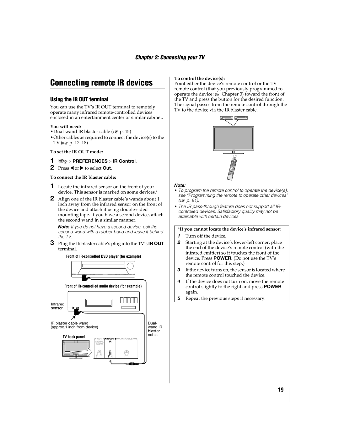 Toshiba 55WX800U, 46WX800U manual Connecting remote IR devices, Using the IR OUT terminal, Preferences IR Control 