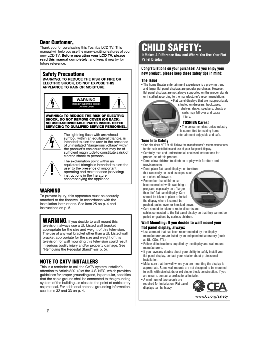 Toshiba 46WX800U, 55WX800U manual Child Safety 