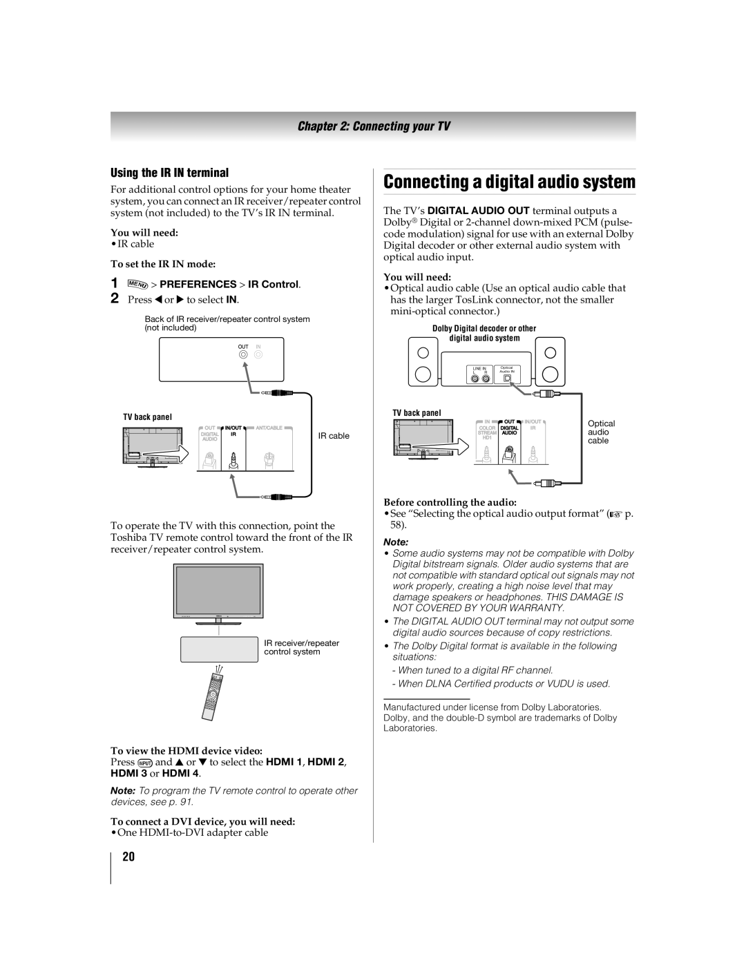 Toshiba 55WX800U, 46WX800U manual Connecting a digital audio system, Using the IR in terminal, To set the IR in mode 