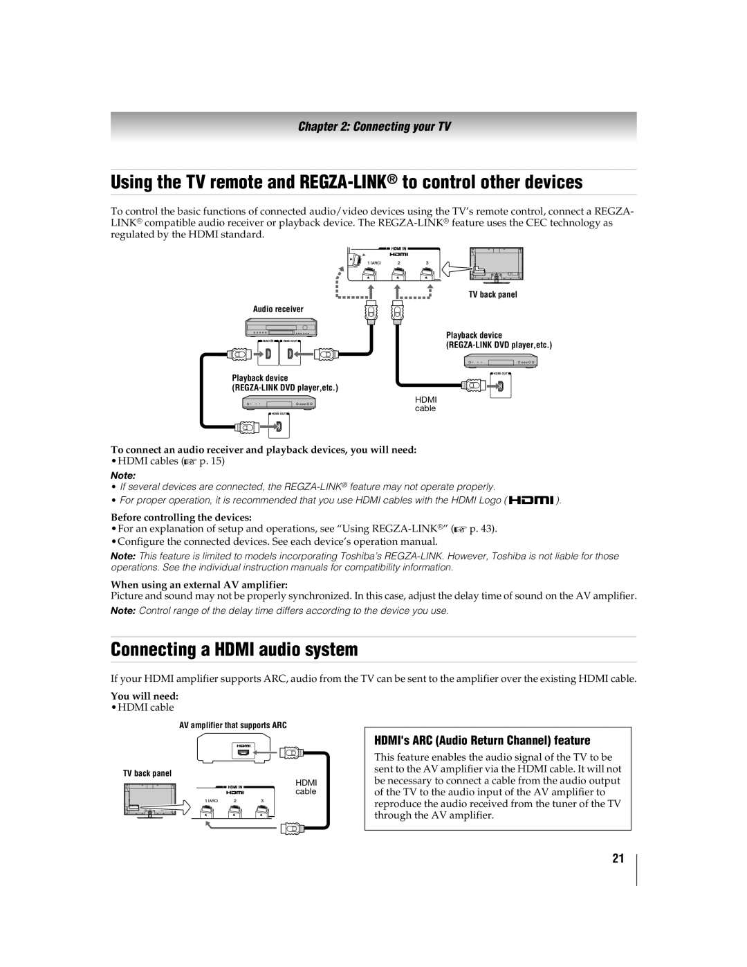 Toshiba 55WX800U, 46WX800U manual Using the TV remote and REGZA-LINKto control other devices, Connecting a Hdmi audio system 