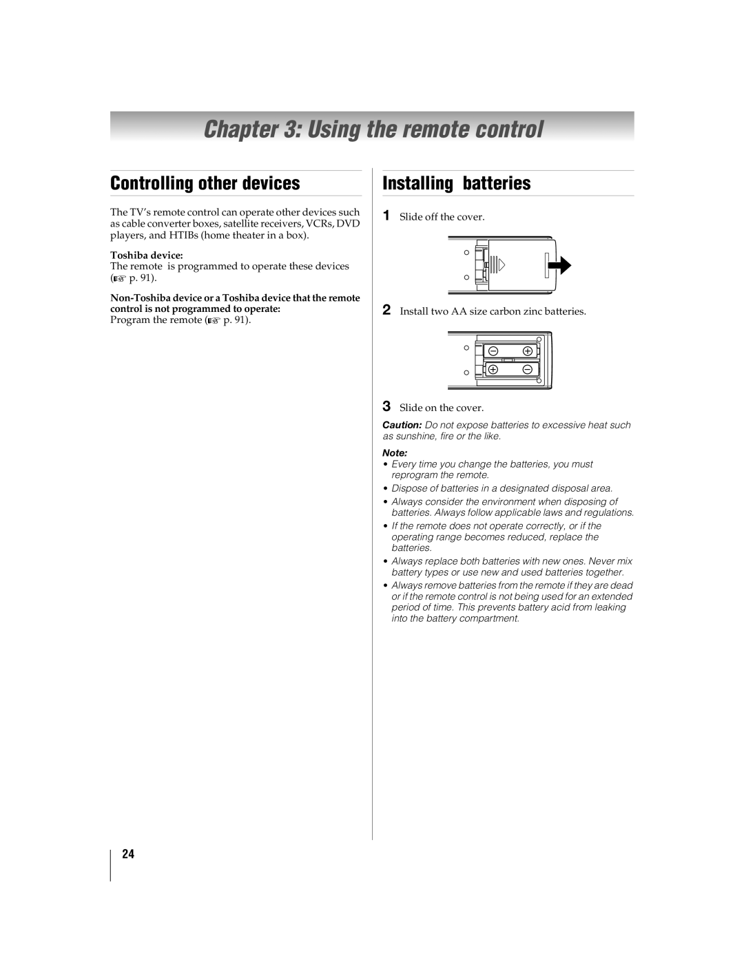 Toshiba 55WX800U, 46WX800U Using the remote control, Controlling other devices, Installing batteries, Toshiba device 