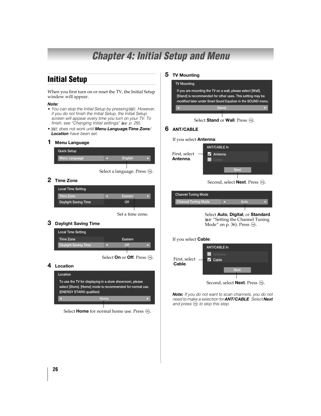 Toshiba 55WX800U, 46WX800U manual Initial Setup and Menu, Ant/Cable 