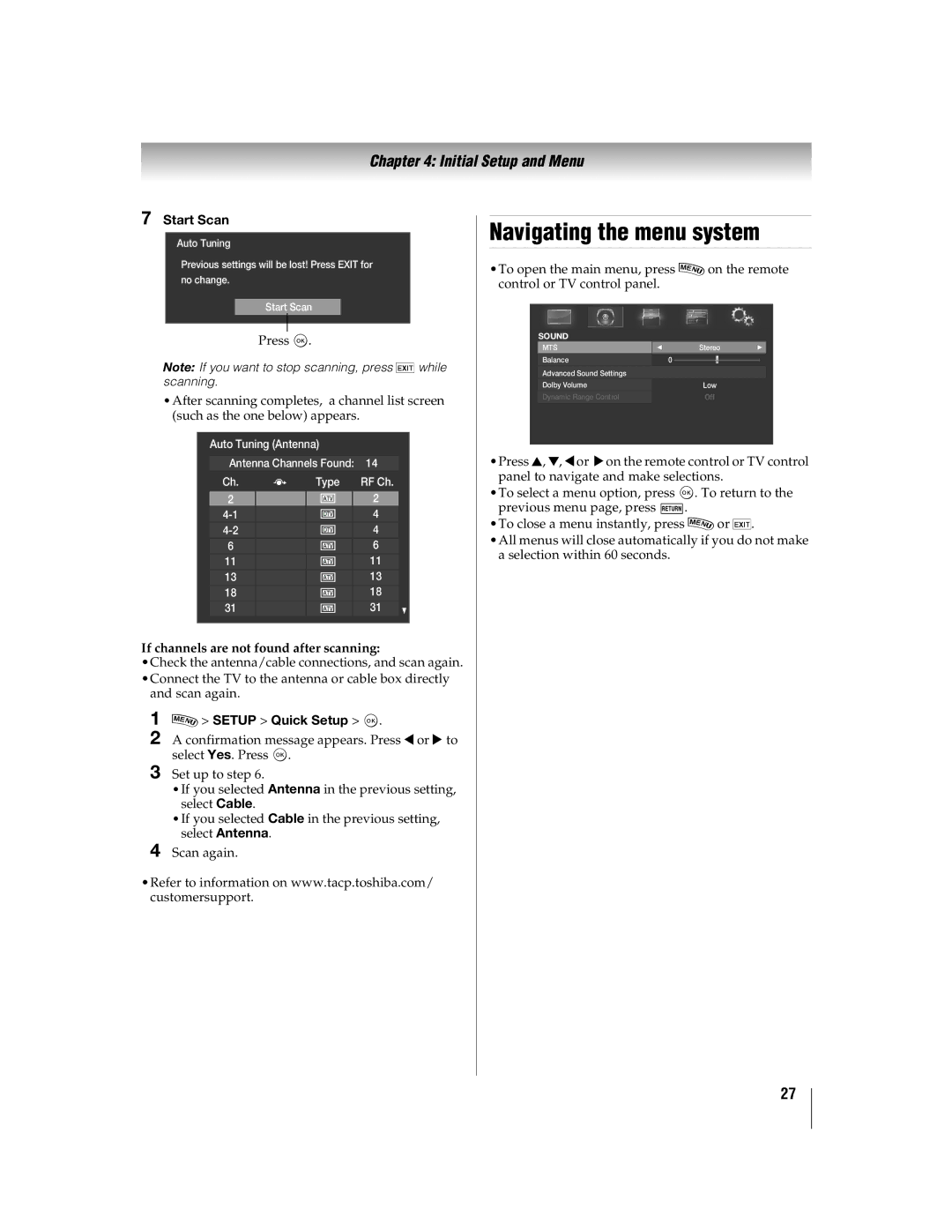 Toshiba 46WX800U Navigating the menu system, Start Scan, If channels are not found after scanning, Setup Quick Setup OK 
