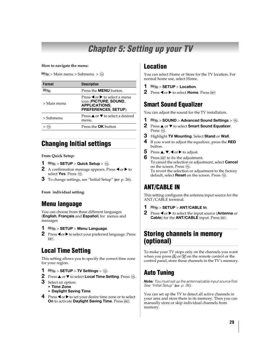 Toshiba 55WX800U, 46WX800U manual Setting up your TV, Changing Initial settings, Storing channels in memory optional 