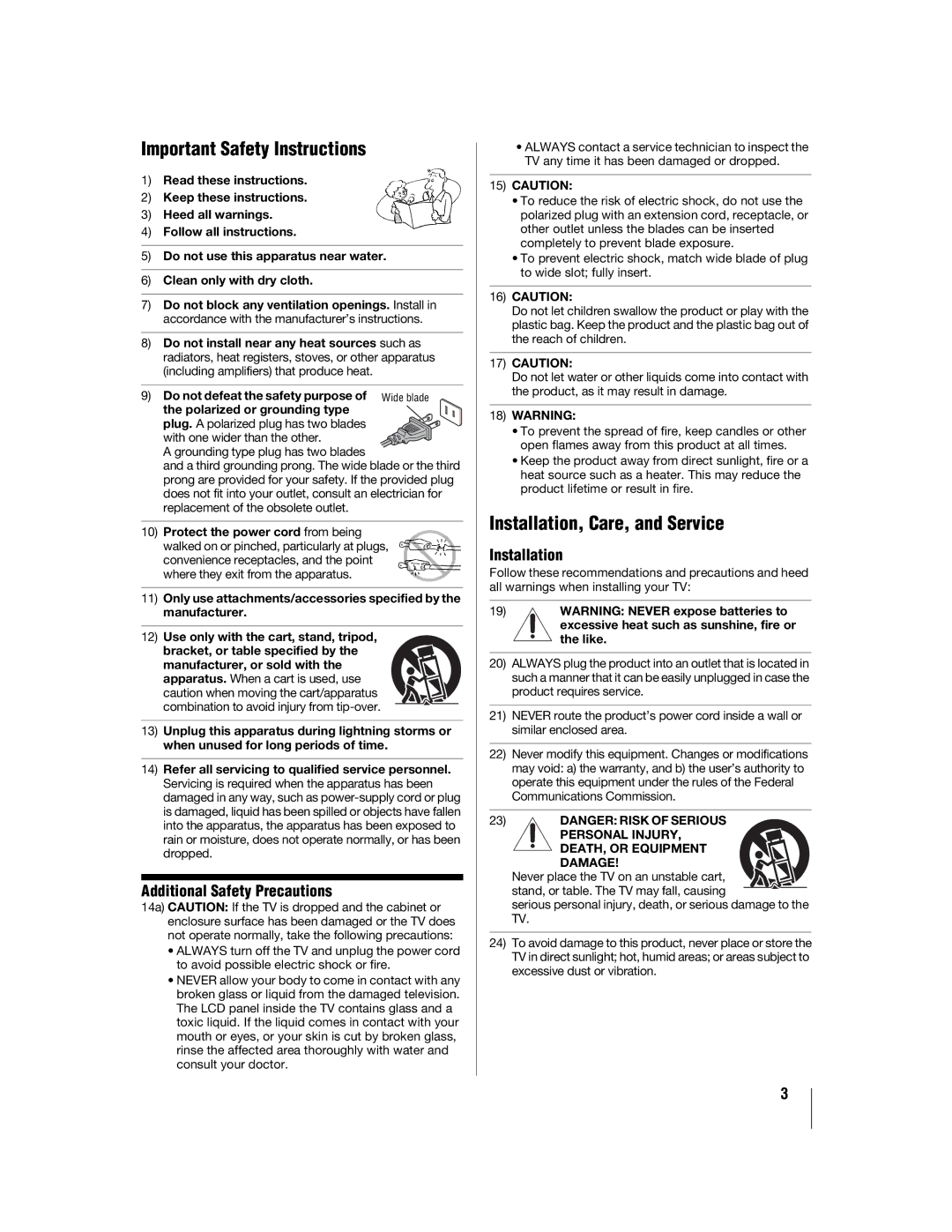 Toshiba 46WX800, 55WX800 Additional Safety Precautions, Installation, Like, Personal Injury DEATH, or Equipment Damage 